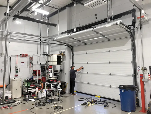 Norwalk Garage Door Repair certified technician performing commercial door repair at a Norwalk business facility
