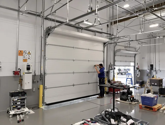 Commercial garage door repair being performed by Norwalk Garage Door Repair expert in Norwalk