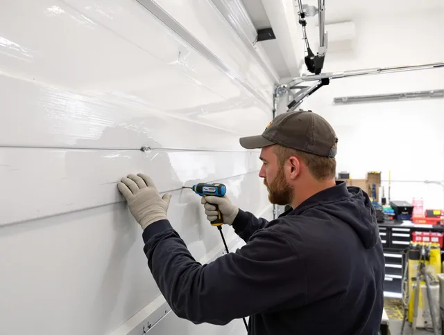 Norwalk Garage Door Repair technician demonstrating precision dent removal techniques on a Norwalk garage door