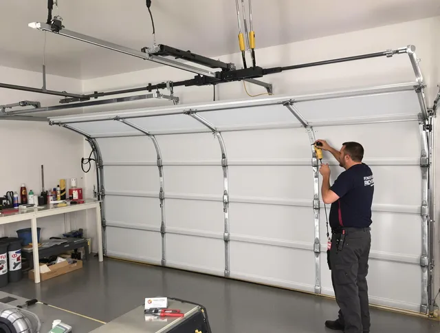 Norwalk Garage Door Repair certified technician performing overhead door system repair in Norwalk