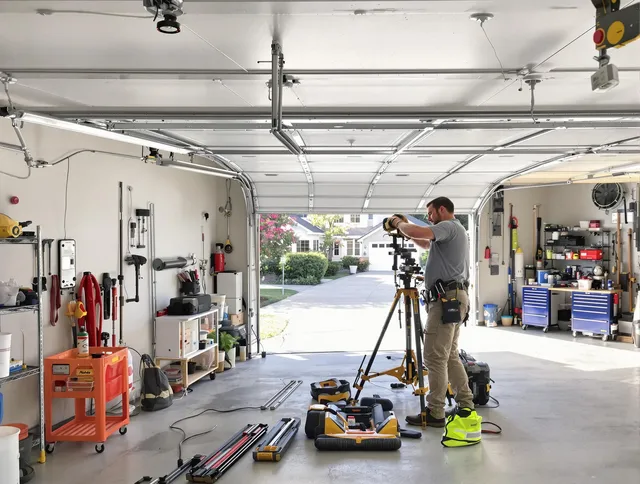 Norwalk Garage Door Repair specialist performing laser-guided track alignment in Norwalk